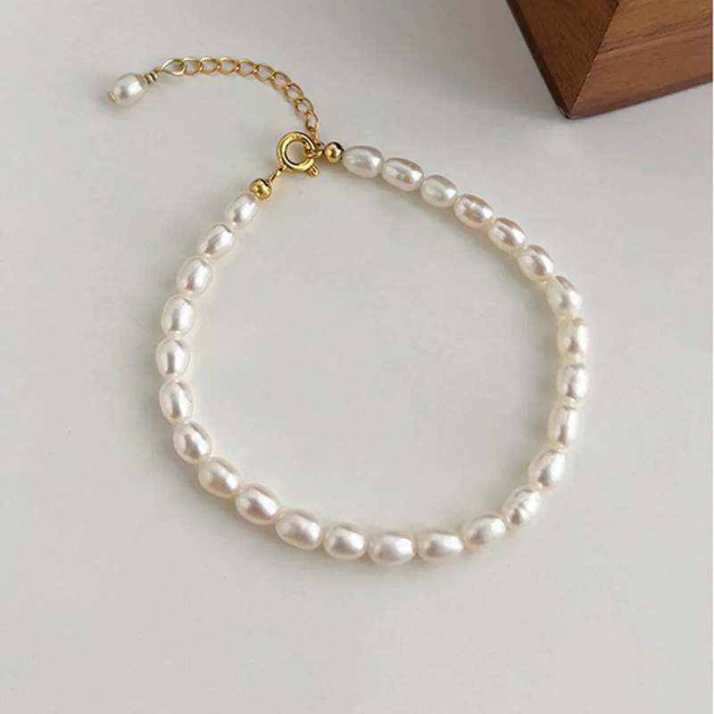 

YWYC 4-5mm Rice Shape Freshwater Pearl Bracelet for Women 16cm 18cm 20cm Adjustable 925 Sterling Silver Bracelet Jewelry Gift