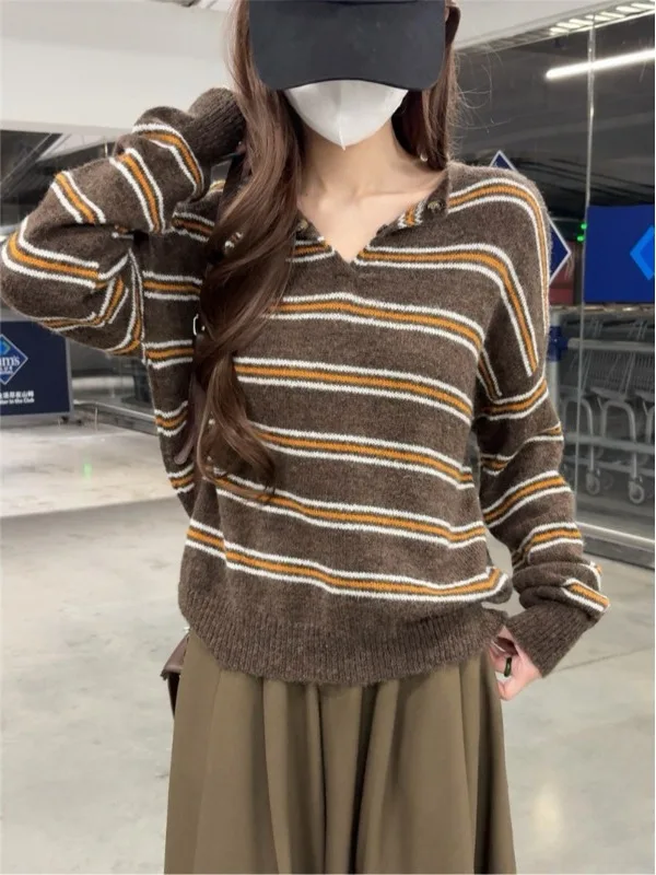 Suéter de punto suave de manga larga para mujer, estilo vintage informal y cómodo, hoado y adeazante, con rayas, para oto...