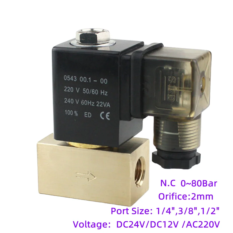 

80bar Watter Air High Pressure Solenoid Valve 2 Way 1/4 3/8 1/2 BSP 12V 24V DC AC220V Normally Close Direct Acting Brass Valve