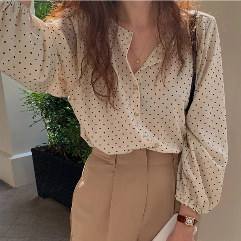 قمصان وبلوزات camisas e blusas рубашка Spring Elegant Dot Print Chiffon Blouse Women Loose Top Autumn Long Sleeve O Neck Shirt