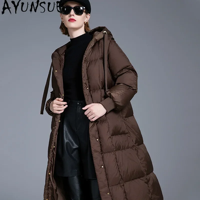 AYUNSUE White Duck Down Puffer Jacket Women with Hood 2024 Winter Long Coat High Quality Down Coats Womans Clothing Пуховики