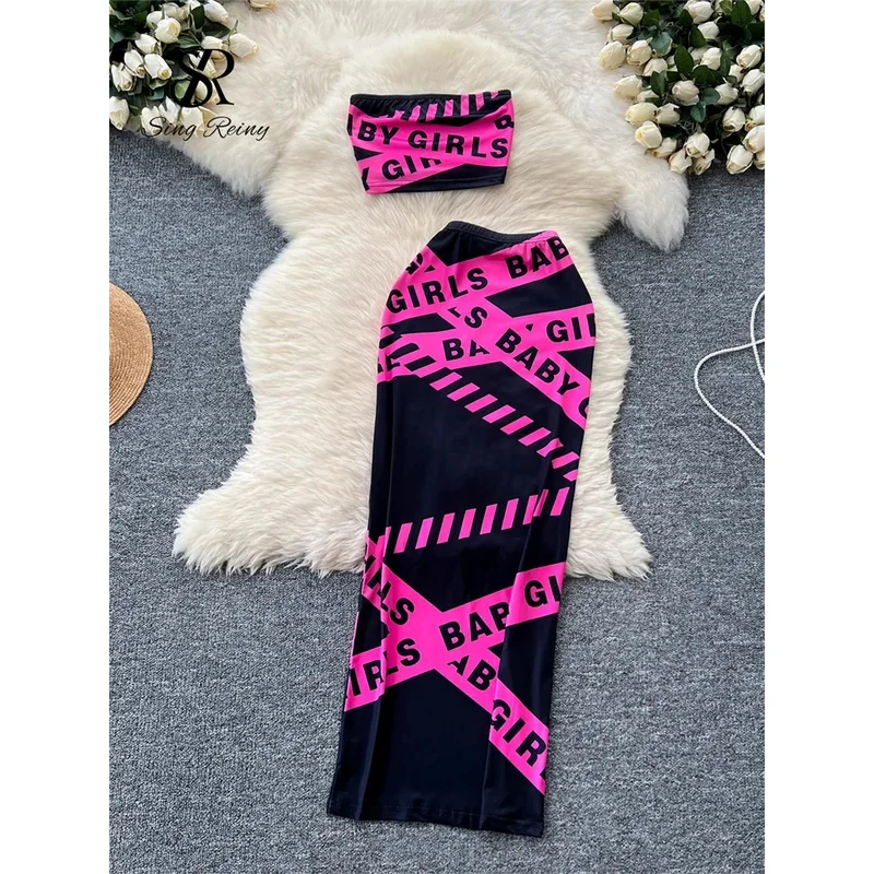 

SINGREINY American Retro Sexy Two Pieces Sets Women Strapless Mini Tank Top+Elastic Bodycon Long SKirt Letter Print Party Suits