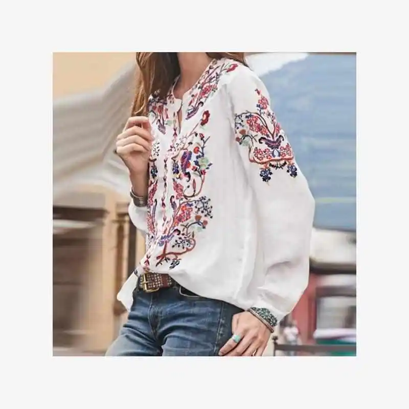 夏プリント長袖レディースシャツ綿ロパムヘール花柄プリントラウンドネックライン薄い生地快適なフィット感カジュアルシャツ