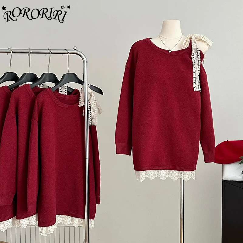 RORORIRI Lace Ribbon Bow Stitch Red Sweater Long Sleeves Off-shoulder Pullover Loose Lounge Jumper Top Christmas Retro Knitwear