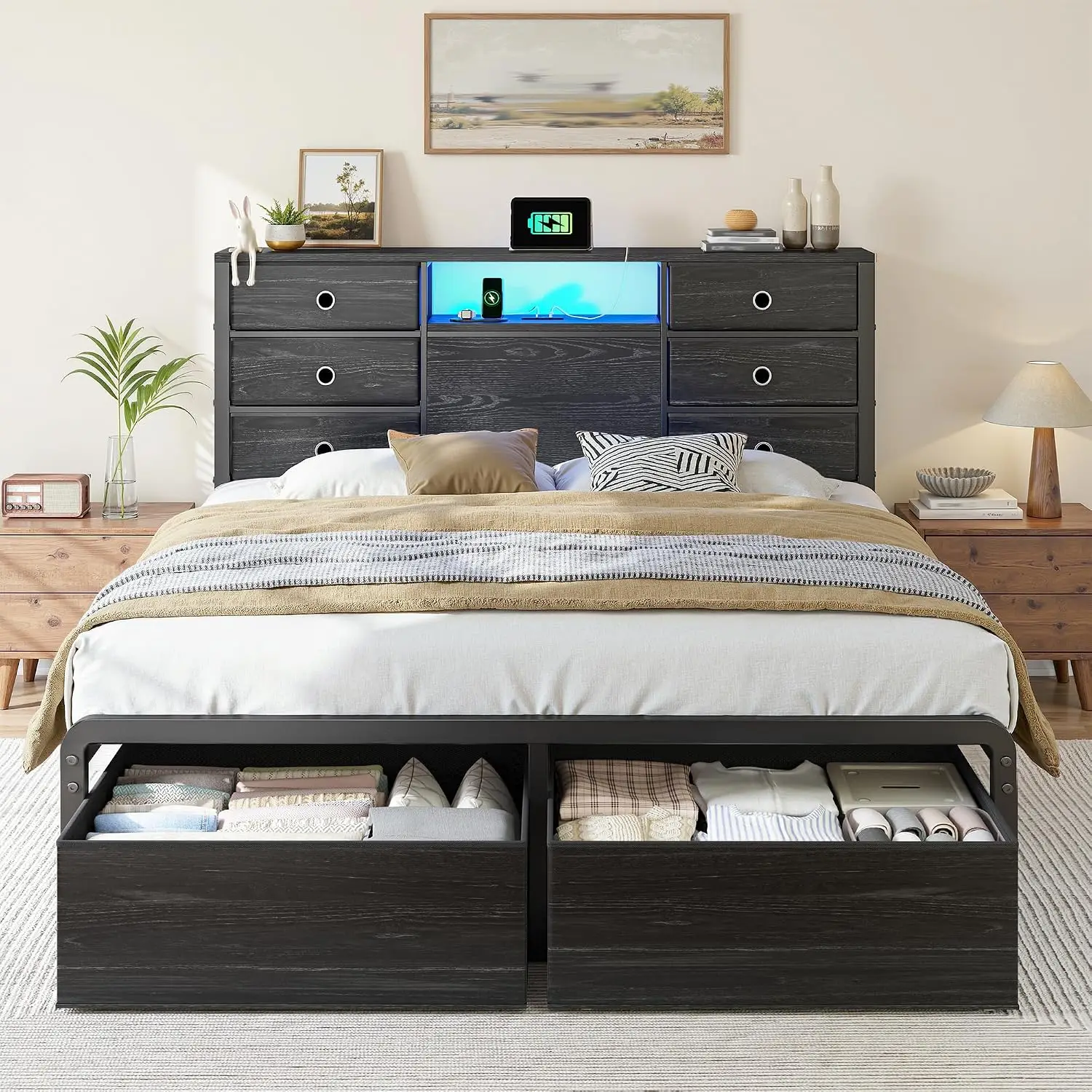 Queen Size Bed Frame with 8 Drawers and Charging Station,Black