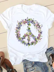 T-shirts Graphic Tee Clothing Summer Short Sleeve Ladies Flower Peace Lovely Casual Women Fashion Female T Shirt Clothes