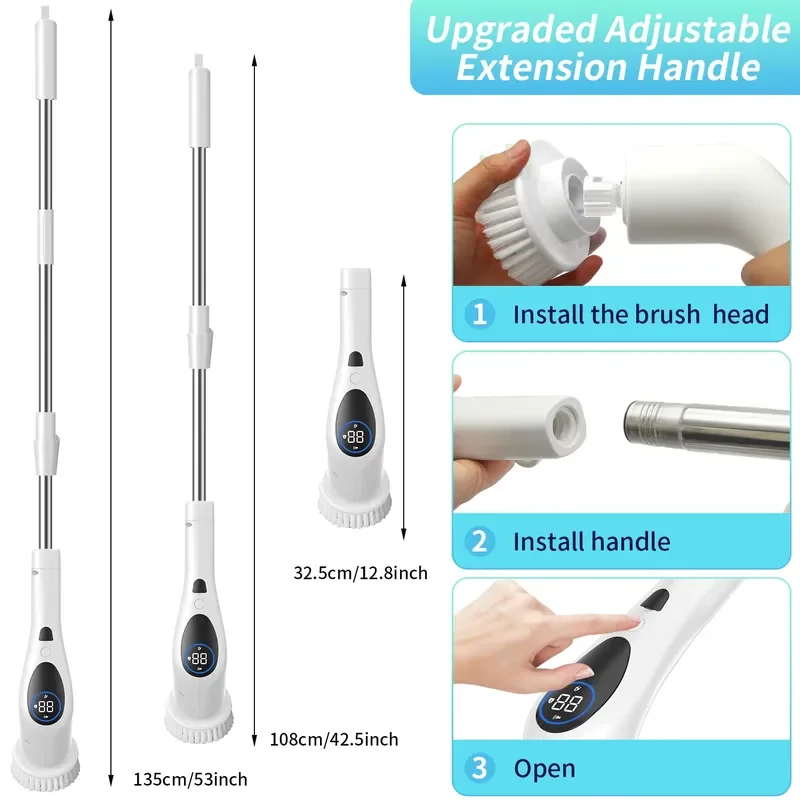 The most popular household cleaning wireless bathtub electric cleaning brush with long handle, 9 replaceable brush heads,