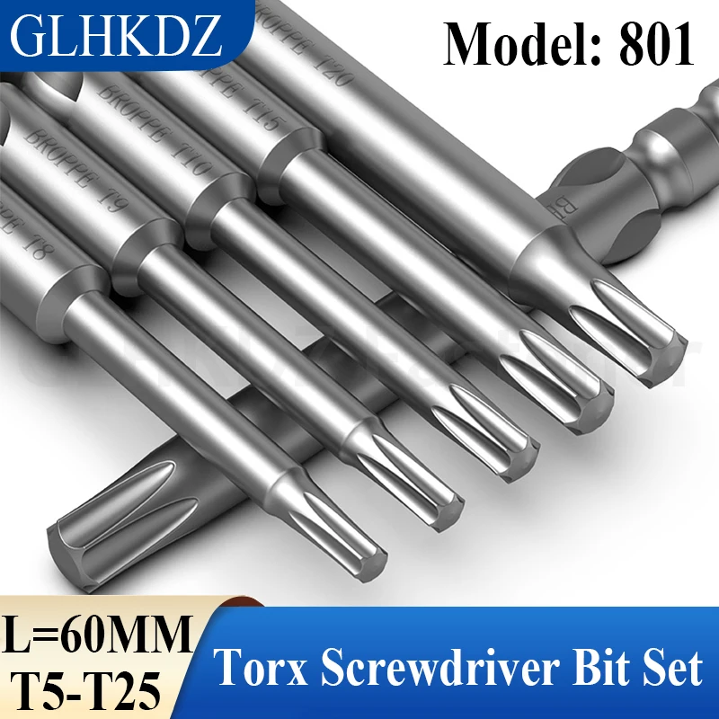 

60mm 801 Electric Torx Screwdriver Bit Set 5mm Round Shank Tamper Proof Torx Bits Magnetic Security Torx Bits T5 T6 T7 T8~T25
