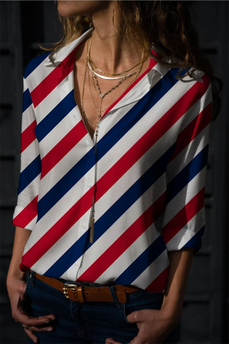 

Женская повседневная рубашка с длинным рукавом и полосатым принтом, весенне-летняя рабочая рубашка с отложным воротником и пуговицами, удобная офисная одежда