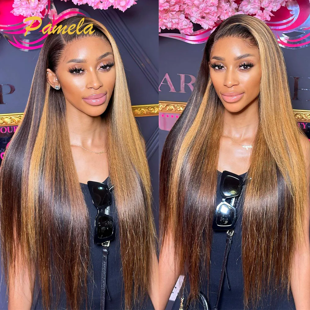 

250% Density Highlight Bone Straight Lace Front Wig Ombre 4/27 Colored 13x6 HD Transparent Lace Front Human Hair Wigs For Women