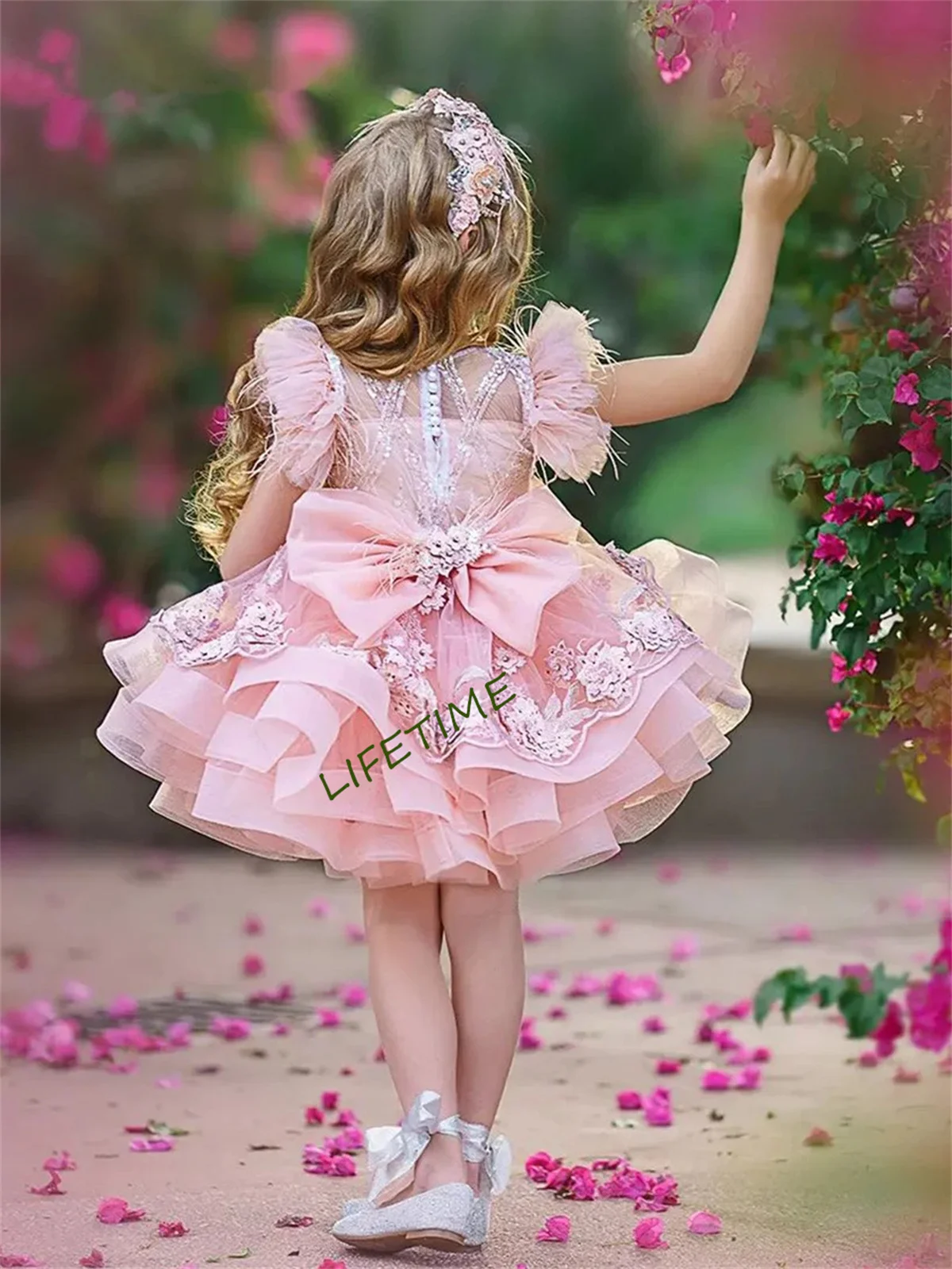 Customized Puffy Pink Ruffle 3D Appliques Flower Girls Dress Glitter Sequined Birthday Party Pageant First Communion Wedding Dre