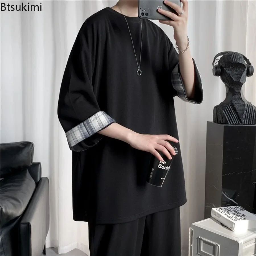 Summer New Men's Plaid Splice Short-sleeved T-shirts Loose Casual O-neck Pullover Fashion Streetwear Male Vintage All-match Tops