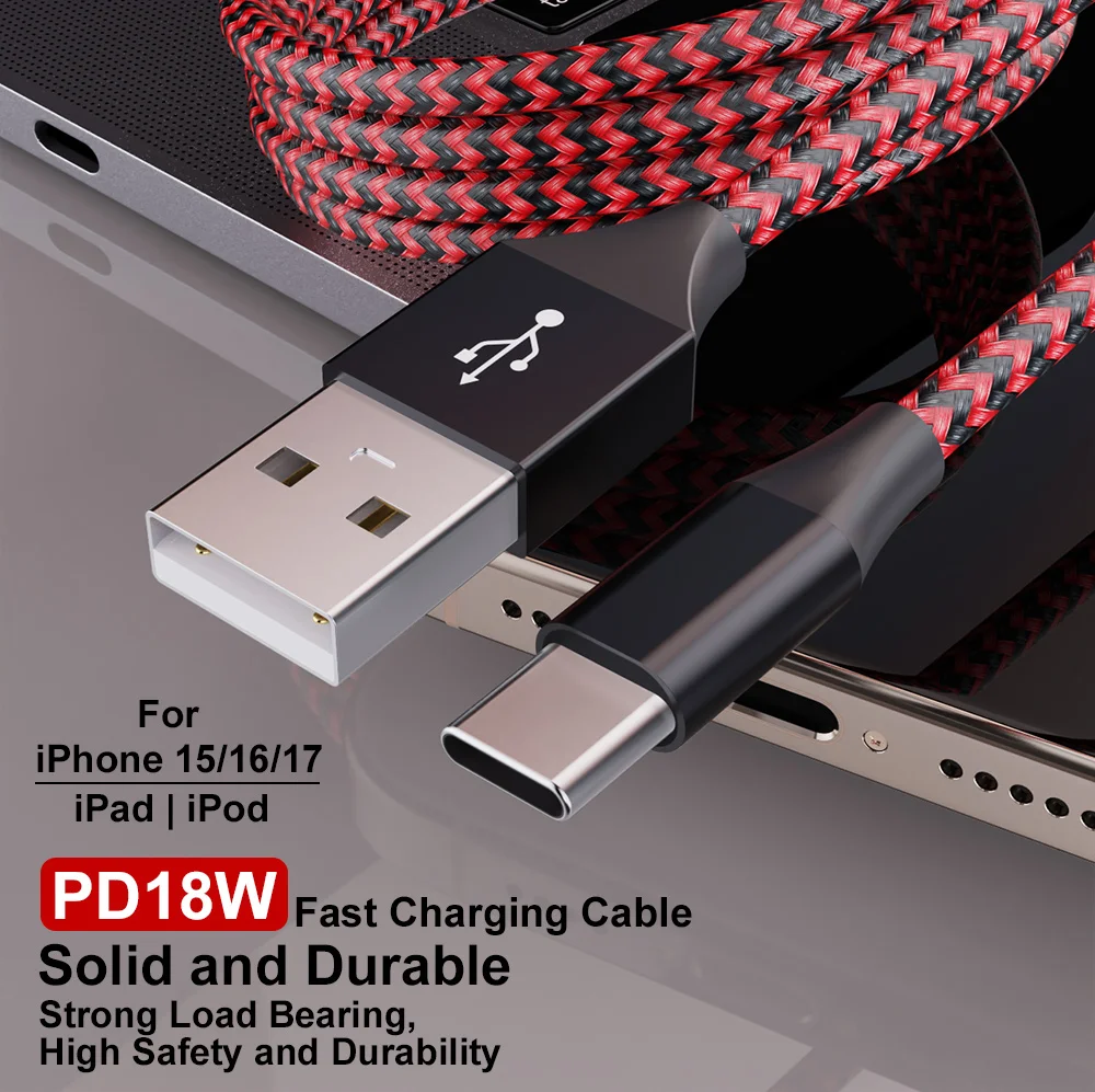 3er-Pack USB-A-auf-USB-C-Kabel, 2A Schnellladung, geflochtenes Typ-C-Kabel, 3,3/6,6/10FT, extra robustes Ladekabel für iPhone 17, 16, 15 – Detail 2