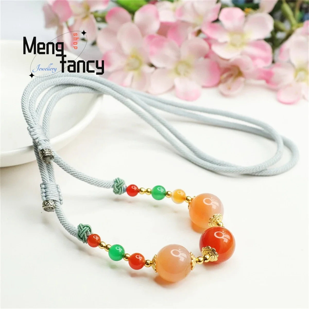 Natural Agate Chalcedony Three Generations Round Bead Bracelet Necklace Simple Charm Fashion Women Couple Mascot Jewelry Gift