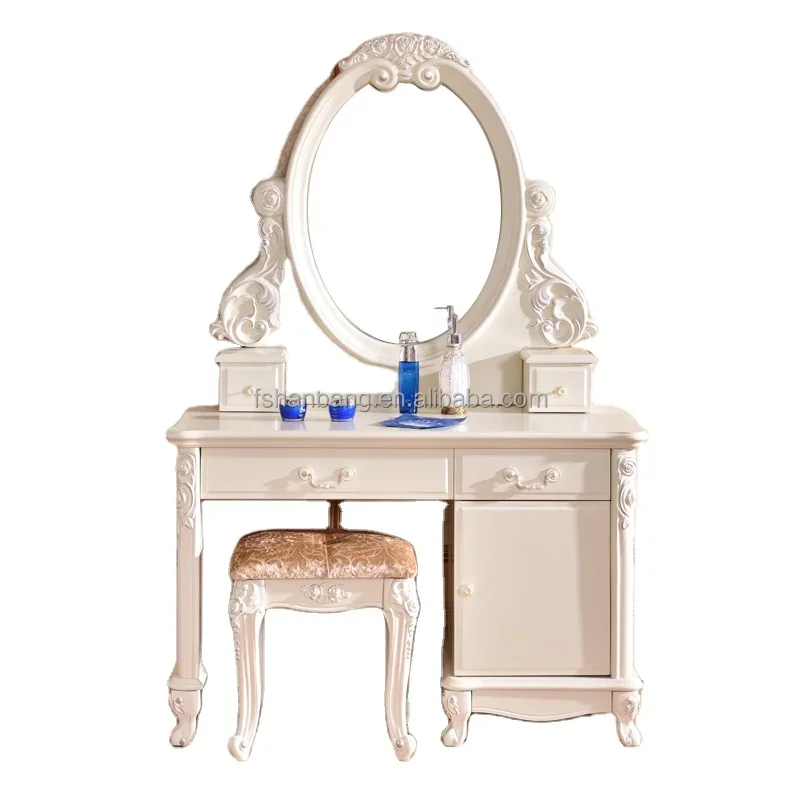 Luxury Antique European French  Style  White Hand Carved Wooden Dressing Table Set