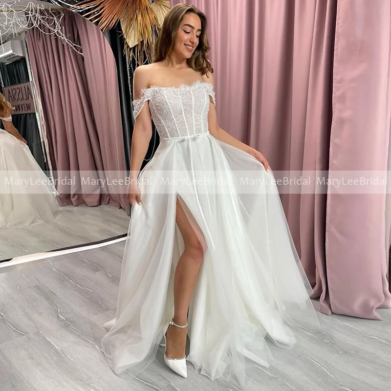 

Exposed Boning Lace Wedding Dress Off the Shoulder High Slit Boho Bridal Gowns Full Length Lacing Back Customized suknia ślubn