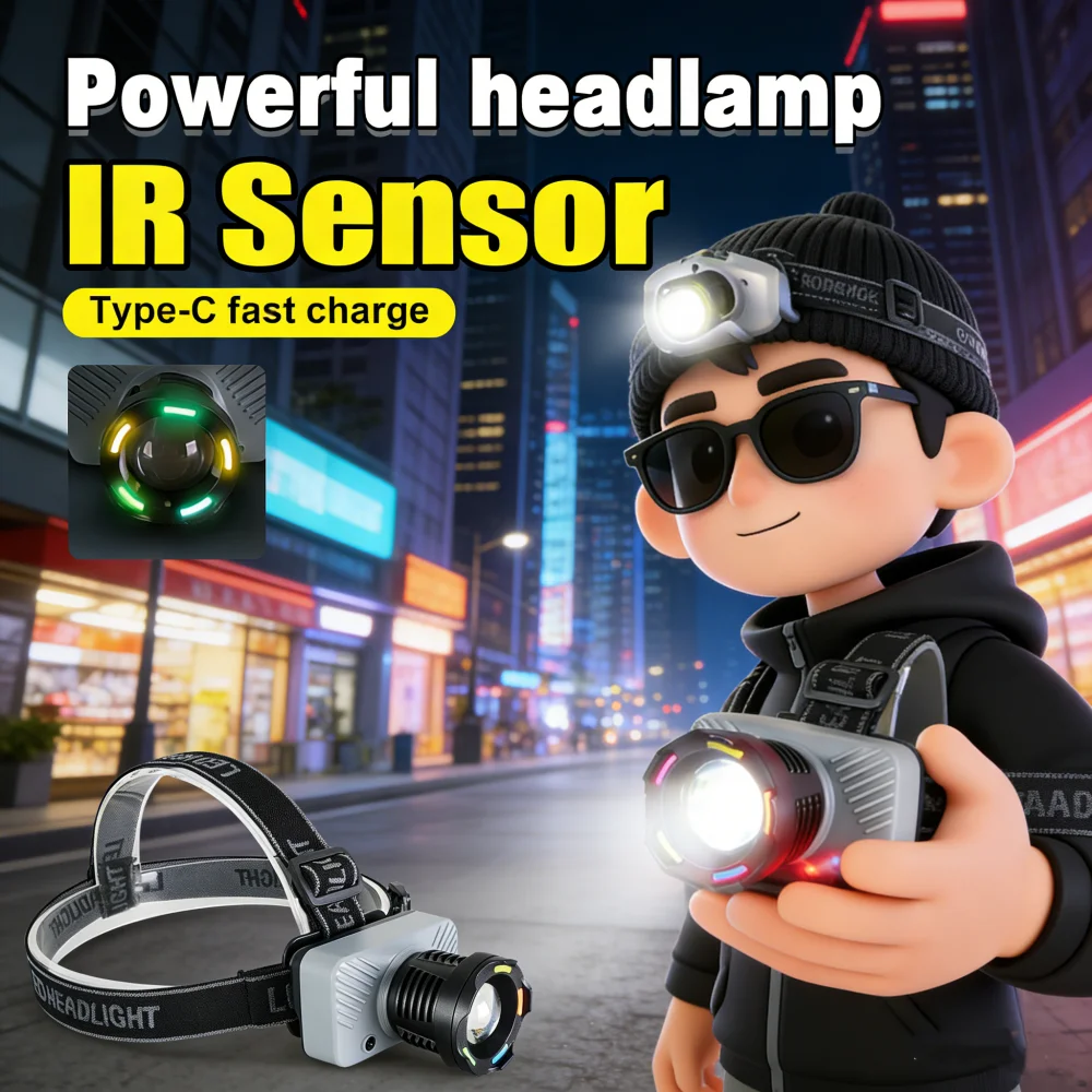 

Новейшая налобная фара с сенсорным управлением, мощный светодиодный свет, с регулируемой яркостью, перезаряжаемая через USB, водонепроницаемая, рабочий фонарь для активного отдыха, рыбалки и кемпинга