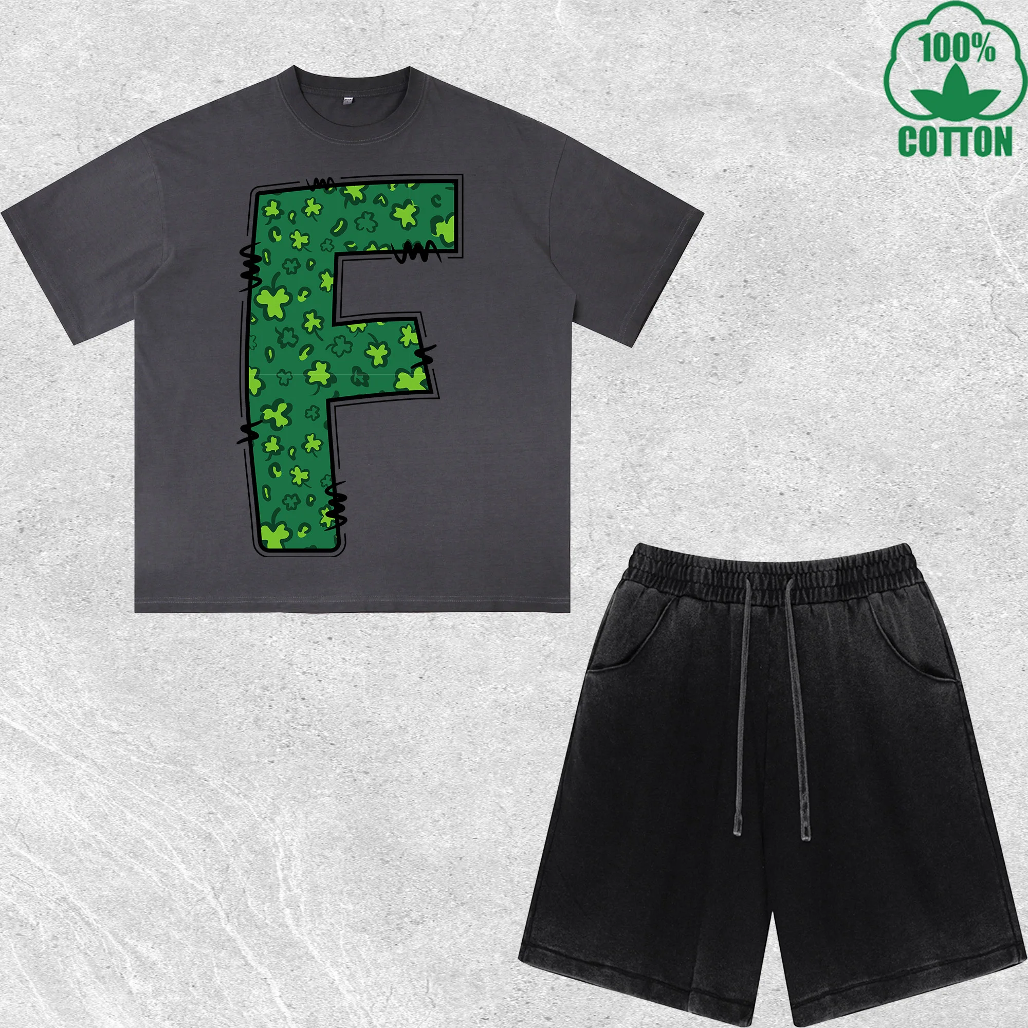 

Luck Letter F Printed Dirty Wash T-Shirt Shorts Set Multicolor Combo Loose Trendy Fashionable 100%Cotton Short Value Pack