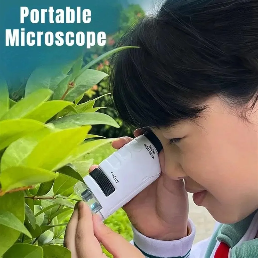 Kids Science Microscope Toy 60-120x With LED Light Outdoor Mini Pocket Handheld Microscope Science Experiment Equipment