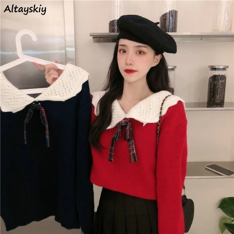 

Peter Pan Collar Pullovers for Women Retro Fashion Students Knit Sweater Autumn Winter Cute Teens Baggy All-match College Street