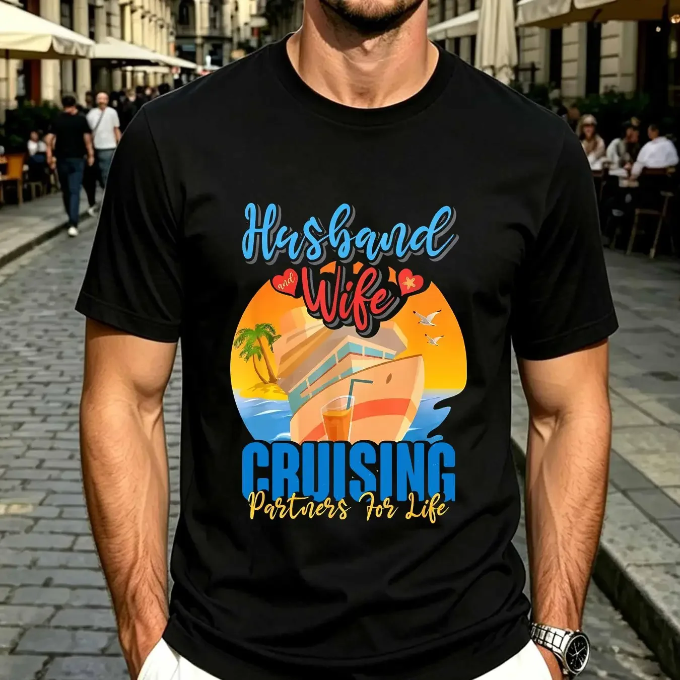washed T Shirt Happy Husband And Wife Cruising Partners For Life long sleeves vintage Washed graphic Stretched Comfortable