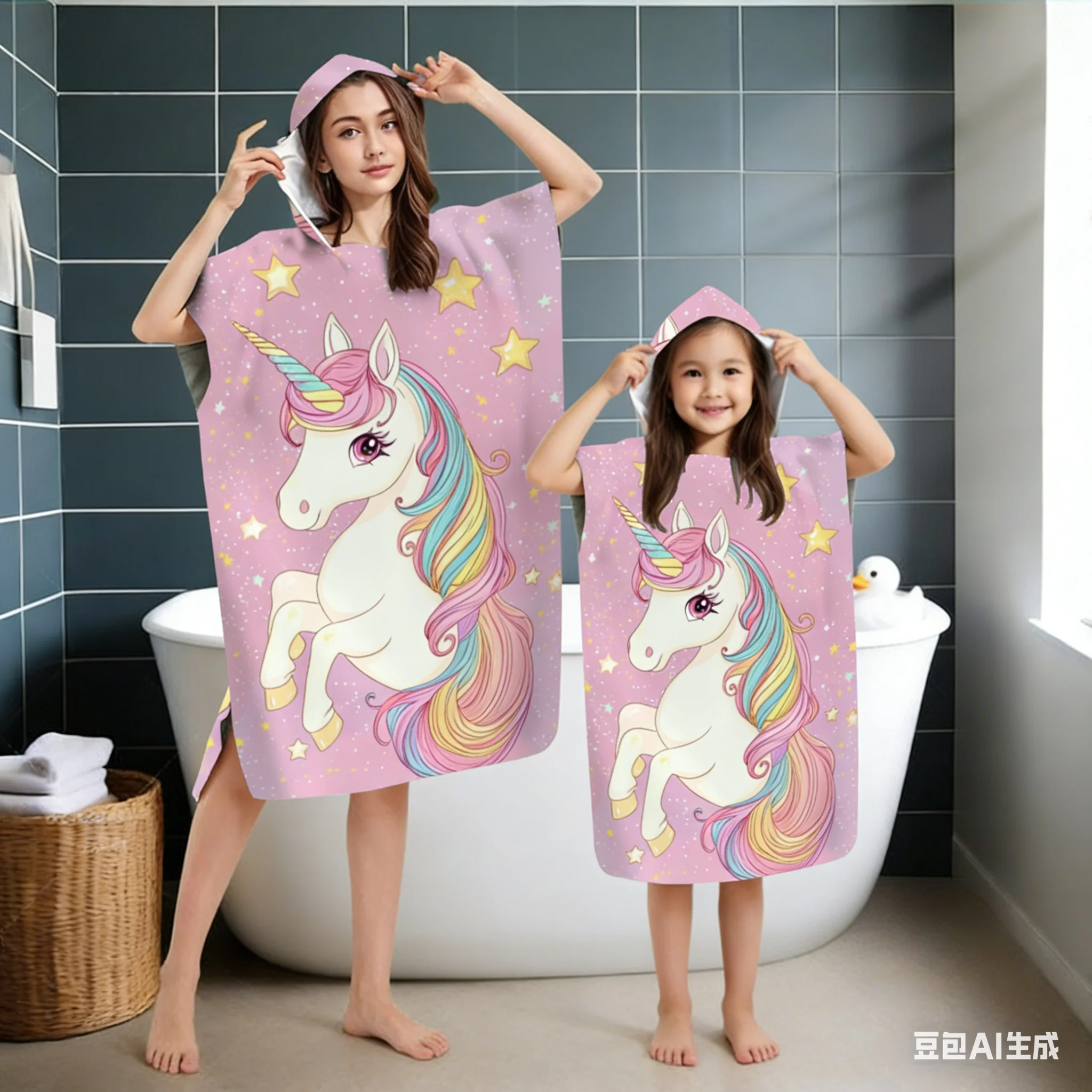 

Милый розовый халат-пончо с капюшоном и кнопками для женщин и детей, мягкий впитывающий халат-полотенце для душа и спа