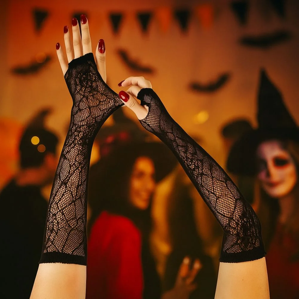 

Punk Gloves Black Spider Web Gloves Stretchy Long Sleeve Half-Finger Gloves Thin Breathable Fishnet Gloves Halloween