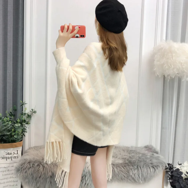 #4007 Autumn Winter Mink Cashmere Ponchos And Capes Women Warm Thick Cardigan Kimono Shawls And Wraps Femme Pink Beige Khaki