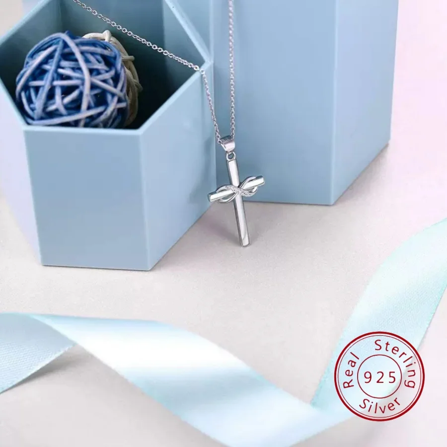 

Sterling Silver 925 European-Style Infinite Love Symbol 8-Shaped Zirconia Pendant Cross Classic Fashion Trend Necklace for Women