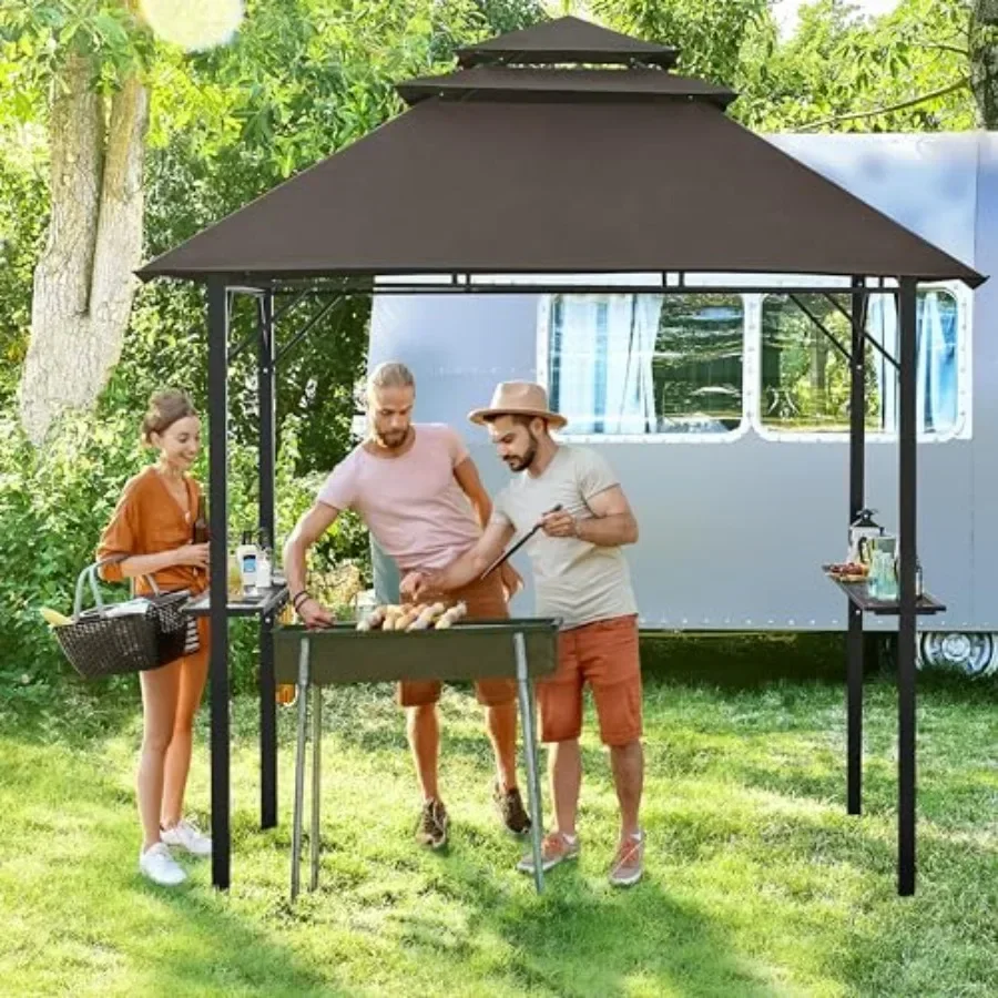 8x5' Outdoor BBQ Gazebo with 3-Tier Adjustable Shelves 10 S-Hooks Built-in Bottle Opener in Black Steel