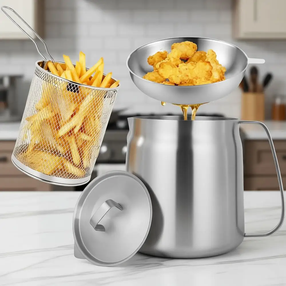 

Фритюрница из нержавеющей стали на 11,9 унций с корзиной и ситечком для масла, многофункциональная, для жарки во фритюре, для небольших плит или кухонных столешниц