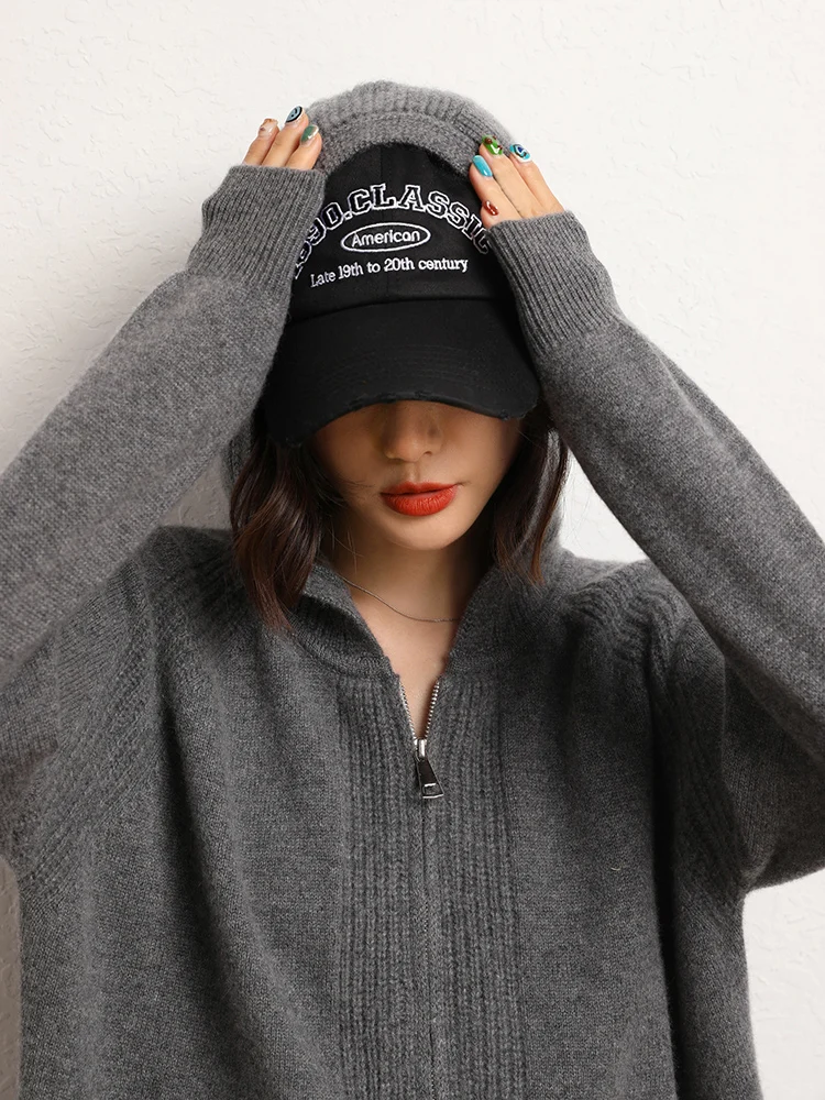 

Women's 100% Cashmere Cardigans Sweater Thick Hooded Zippers Knitwear Casual Pockets Autumn Winter Raglan Sleeve Fashion Clothes