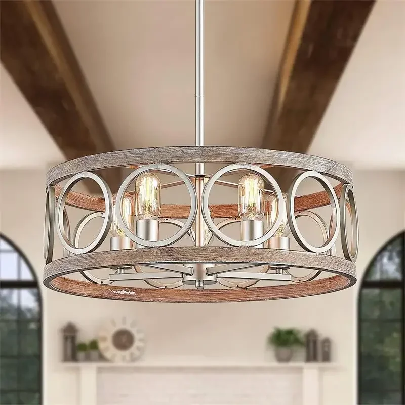Chandelier Circular American Industrial Farmhouse Retro Iron Art Wood Grain For Restaurant Home Bedroom Ceiling Light Home Decor