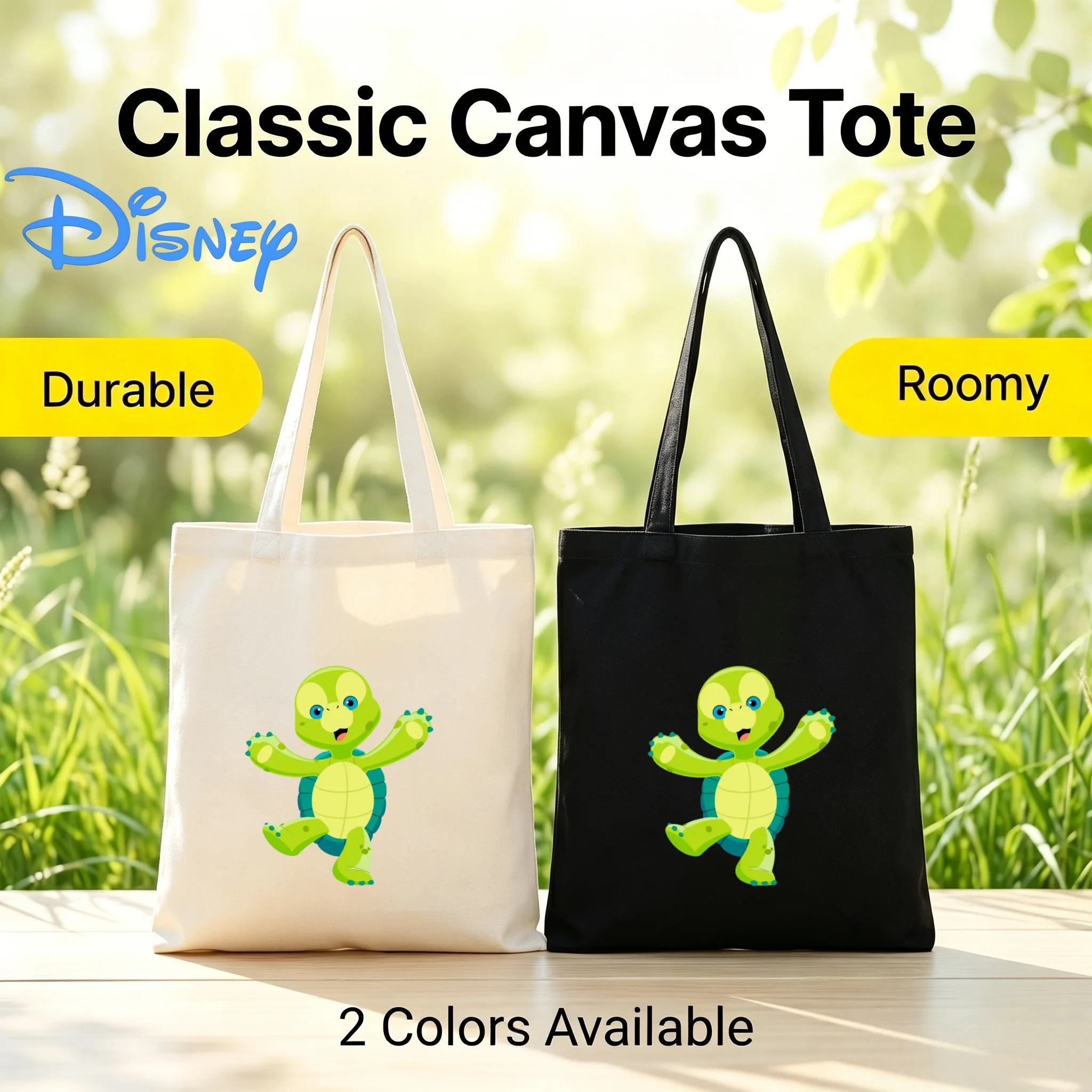 

1PC Disney Cute Dancing Little Green Turtle Print Canvas Tote Bag Eco Shopping Casual Shoulder Handbag