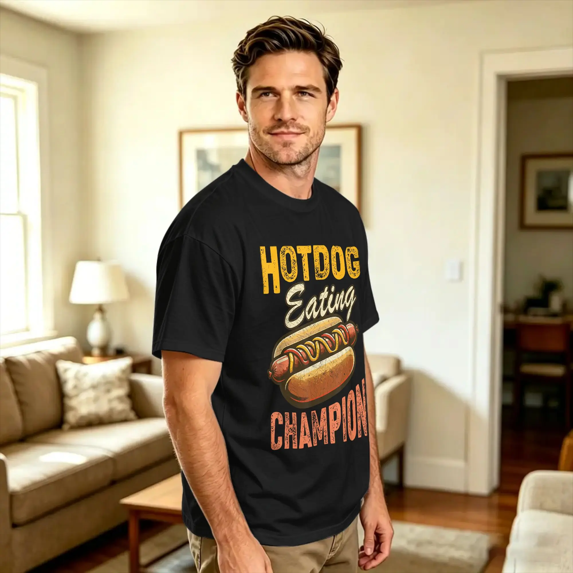 Men Funny Hotdog Eating Champion Estate Fair Retro Food Contest T Shirts  Cotton Tops Summer Classic Short-Sleeve T-Shirt O-Neck