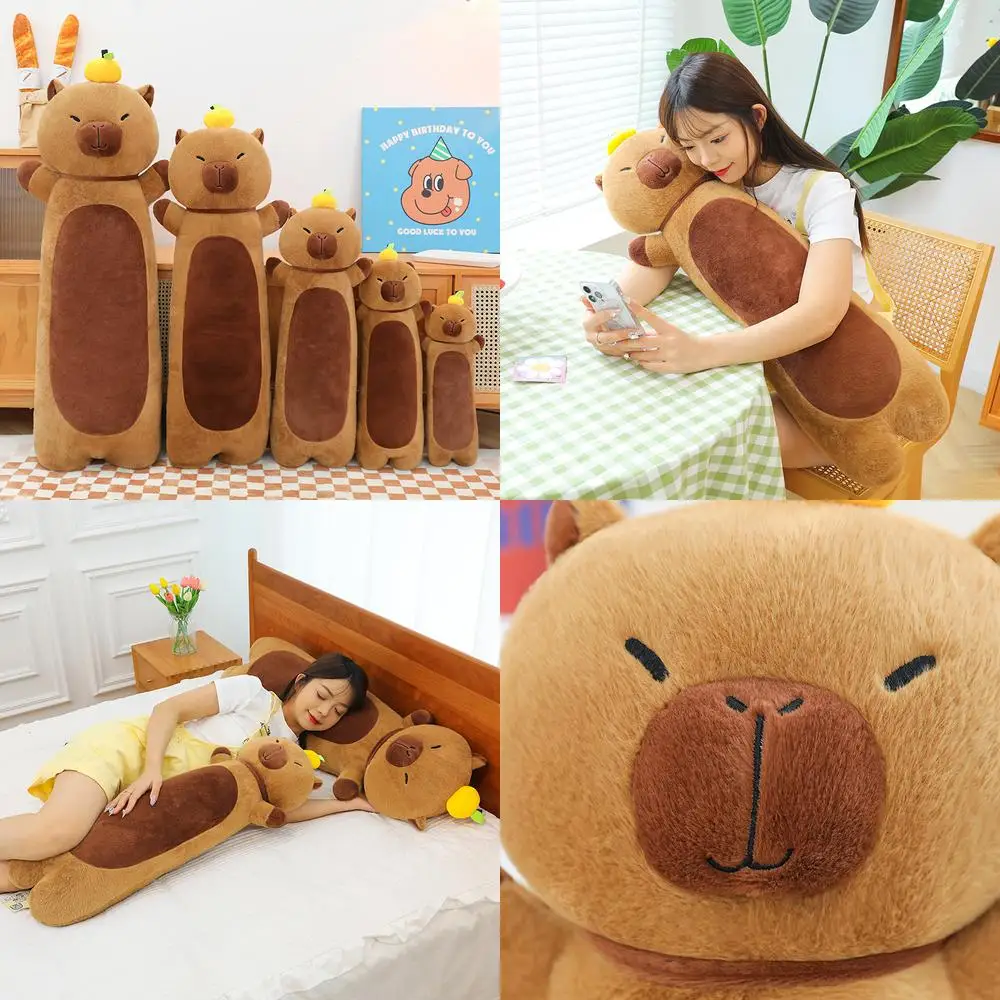 

Kawaii Plush Toy Filled Doll Capybara Holding Orange Pillow Stuffed Animal Kids Birthday Gift Long Cuddly Bed Buddy