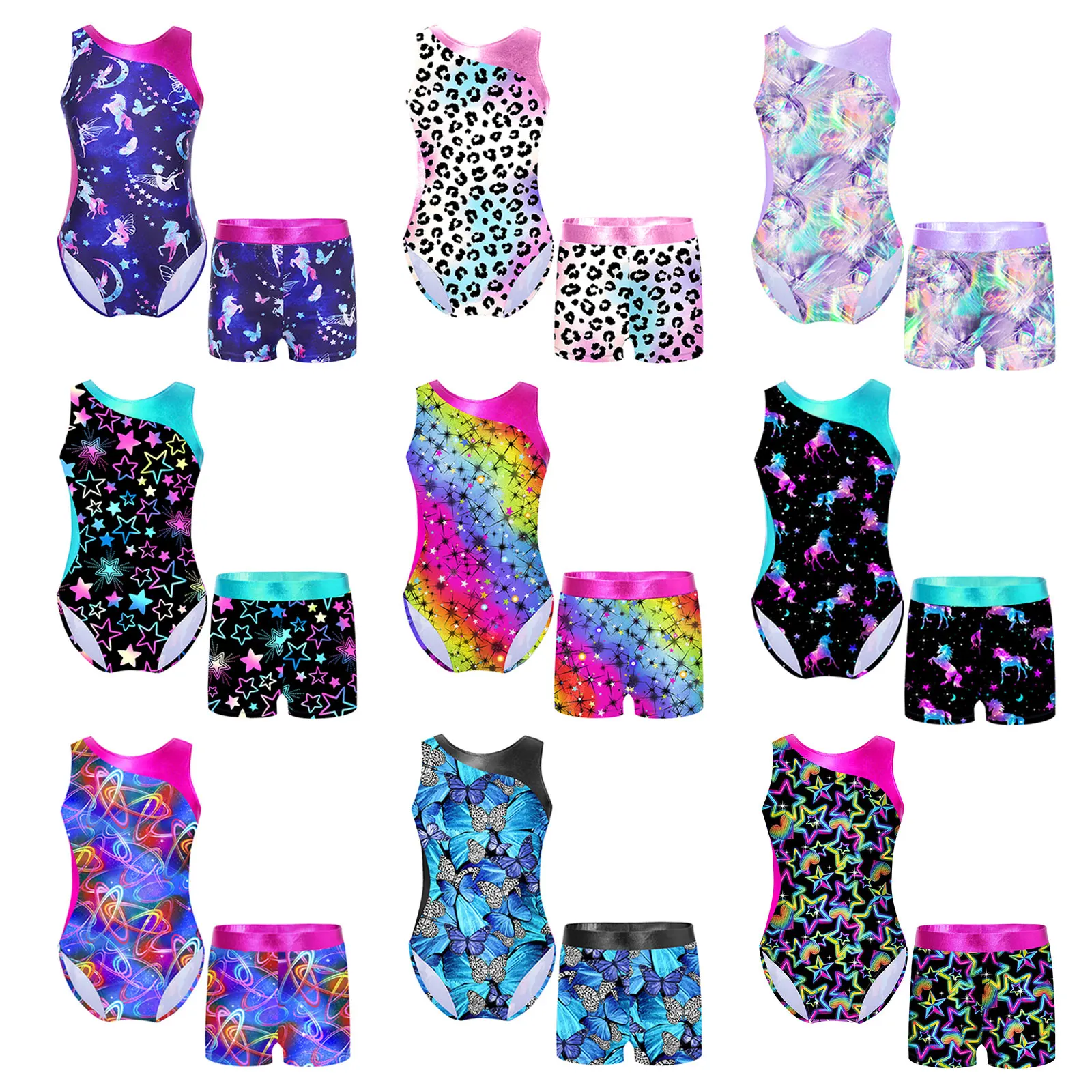 Kids Girls Ballet Gymnastic Leotard Dancwewear Sleeveless Print Bodysuit with Shorts for Dance Yoga Fitness Sports Swimwear