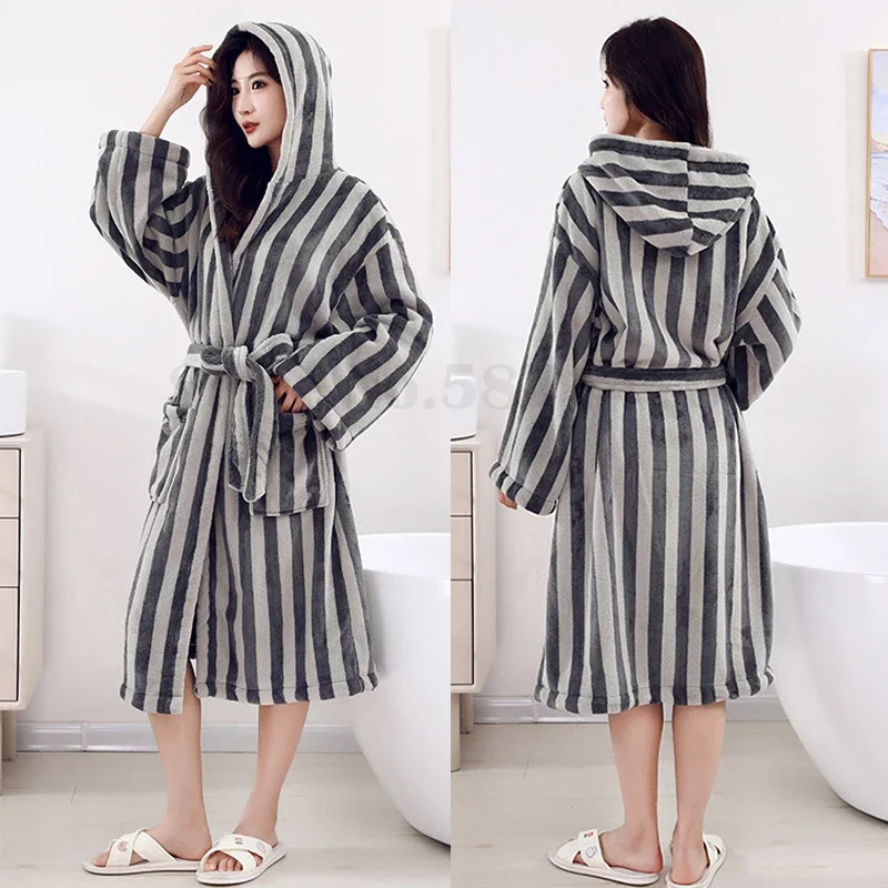 Stripe Coral Fleece Long Sleeve Sleepwear Bathrobe Thick Flannel Women Robe Home Clothes Autumn Winter Warm Loose Lounge Wear