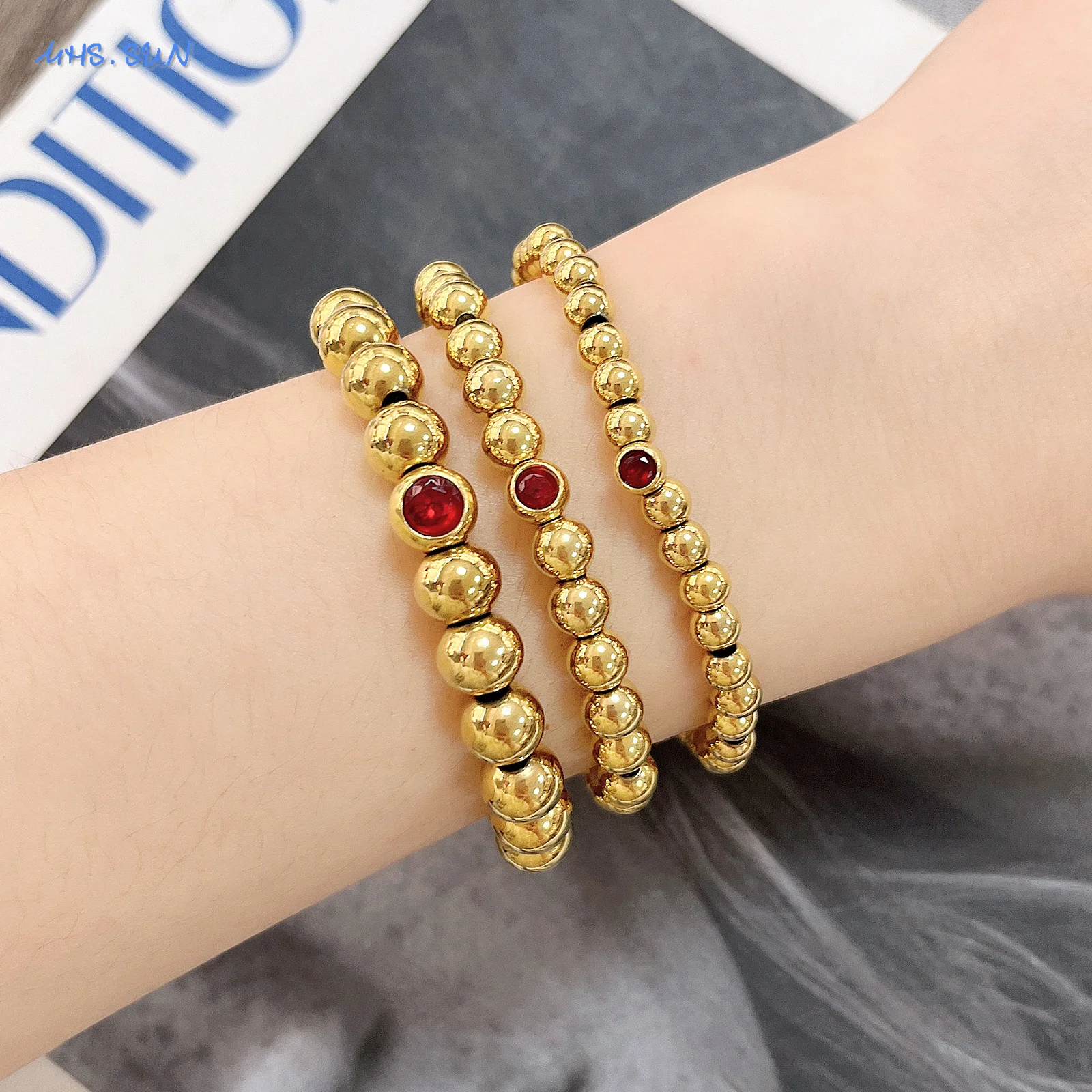 SUNSLL Stainless Steel 5/6/8mm 12 Months Birthstone Beaded Bracelets Gold Plated For Women Men Fashion Jewelry Gift Newest