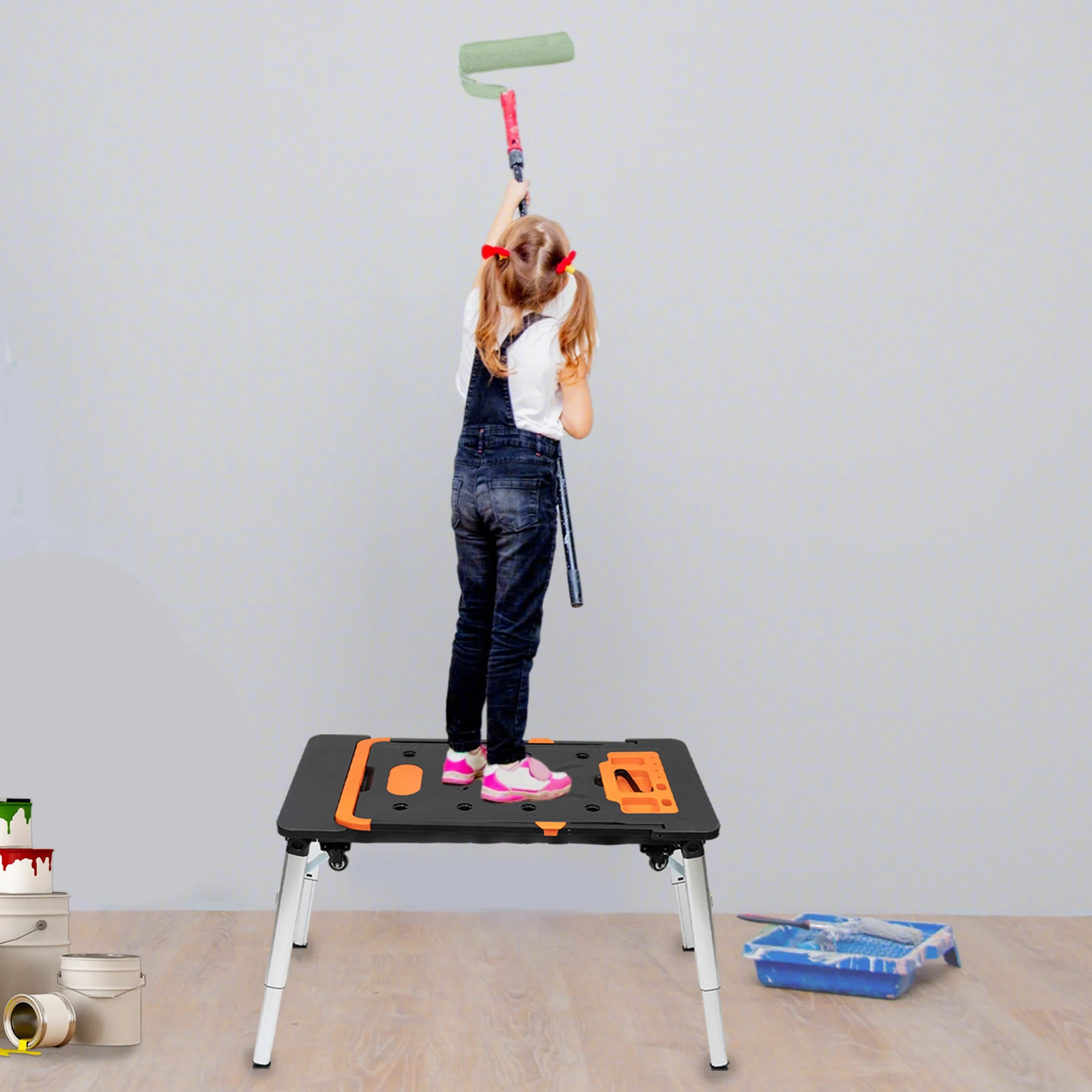 Établi Portable 7 en 1, Support Pliant, Plateforme de Travail Multifonctionnelle avec Roues Réglables, Chariot à Roulettes