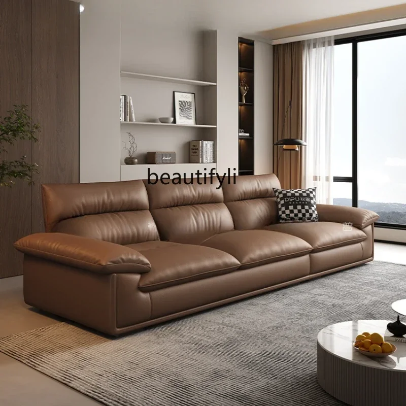 Italian simple leather sofa living room first layer cowhide small apartment light luxury straight row leather sofa