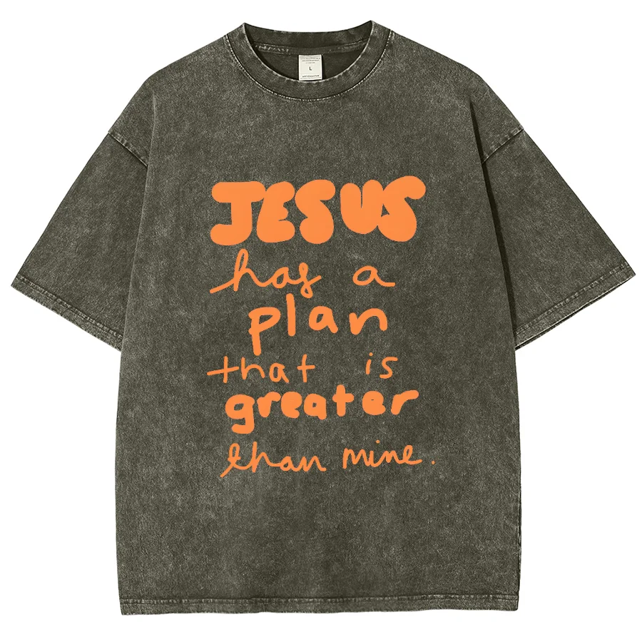 Jesus Plan Greater Y2K Washed Short Sleeve T-Shirt, Creative Printed Unisex Vintage Streetwear New Fashion Plus Size Casual Tops