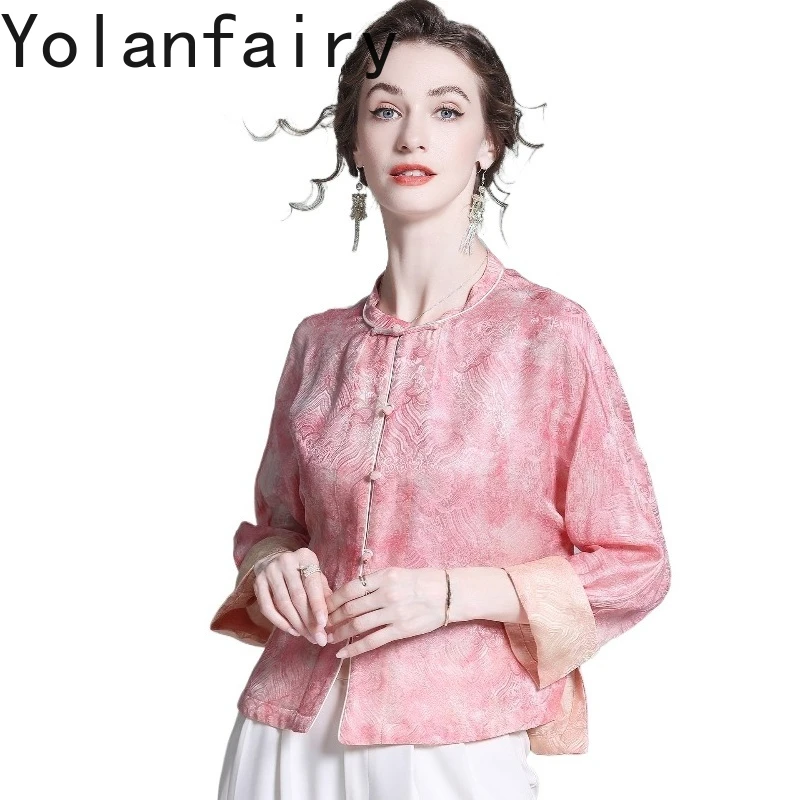 

YOLANFAIRY 100% Real Mulberry Silk Shirts for Women Spring Summer 2026 Fashion Jacquard Silk Tops Gentle Sweet Blouse Reversible
