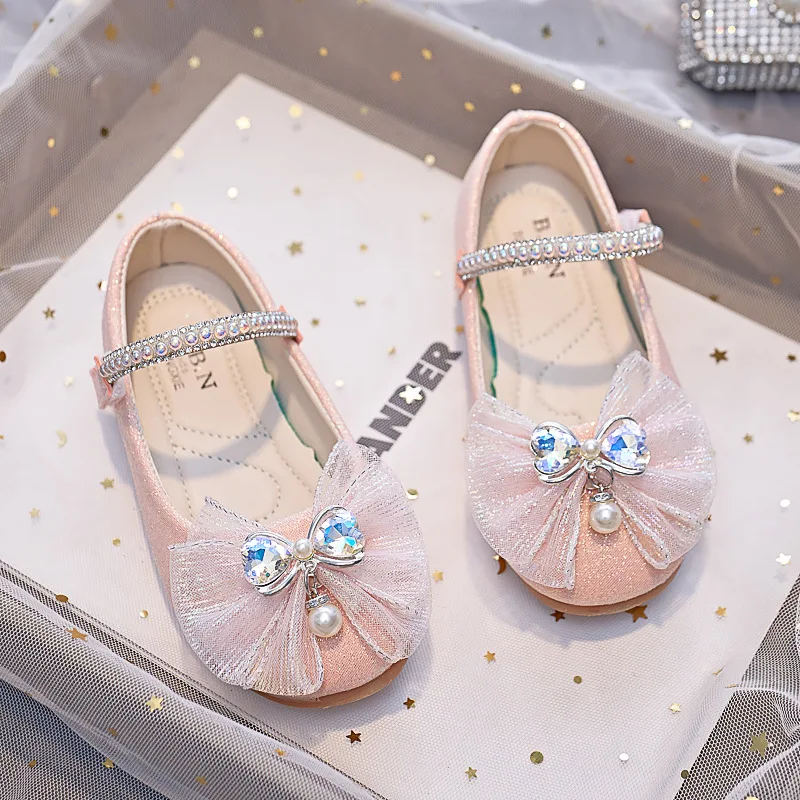 Spring Girls Rhinestone Bow Princess Shoes Kids Leather Shoes Student Fashion Performance Single Shoes J363