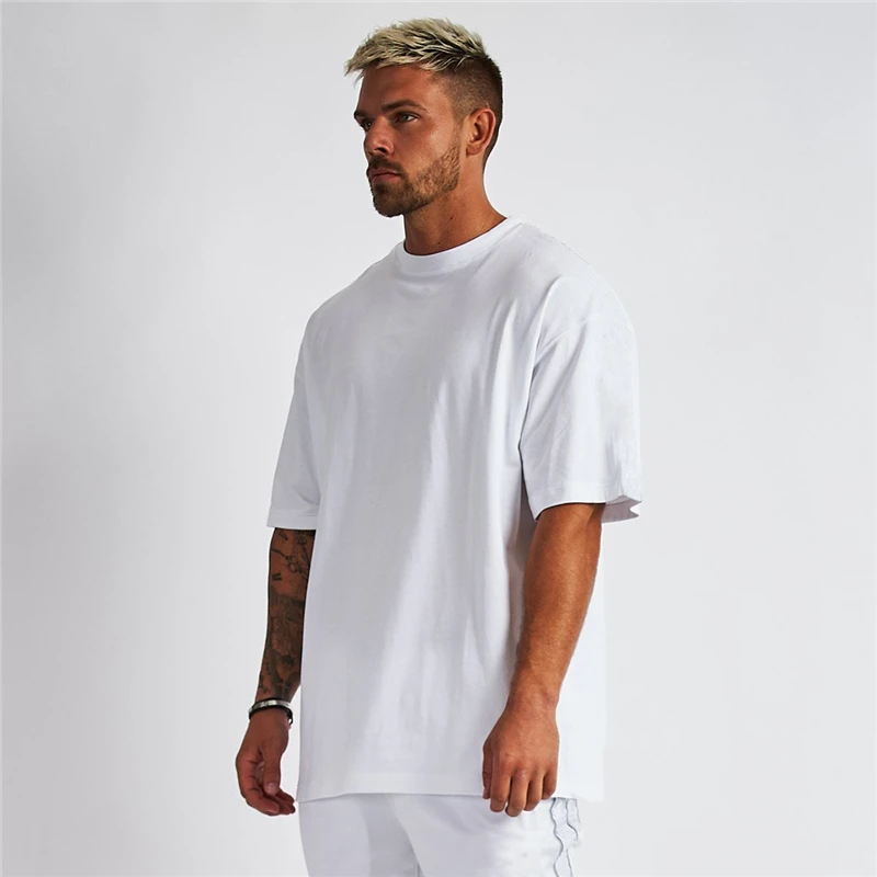 

Running T-Shirt Mens Summer 100% Cotton 220 Gsm Oversized Loose O-Neck Short Sleeve T Shirts Gym Fitness Workout Muscle Clothing