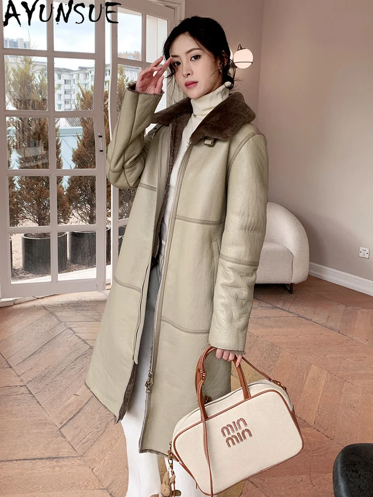 AYUNSUE 진짜 가죽 자켓 여성 겨울 코트 양모 천연 양피 모피 코트 여성 의류 롱 스타일 Пальто Женское