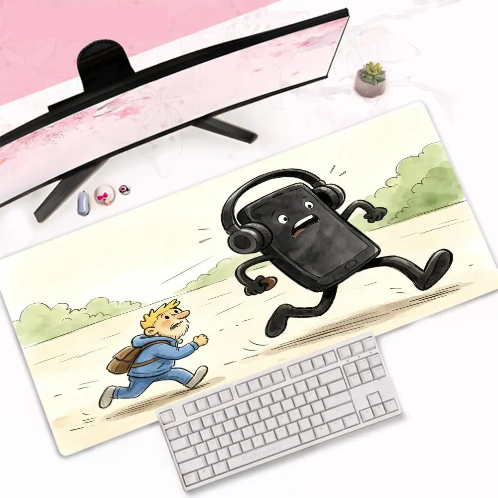 Large Size mousepad Blue Speaker Character Running Girl Watercolor Illustration Non‑Slip playmat For office desktop learning