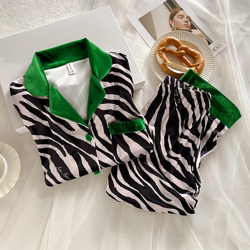 2Pcs Pajamas Suit Luxury Zebra Print Nightwear Loose Loungewear Sleepwear Autumn Winter Female Shirt&pants Soft Home Clothes