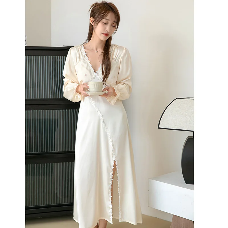 Spring Autumn Long Sleeved Home Dressing V-Neck Satin Nightdress Sexy Slit Nightgown Loose Casual Sleepwear Female Lingerie