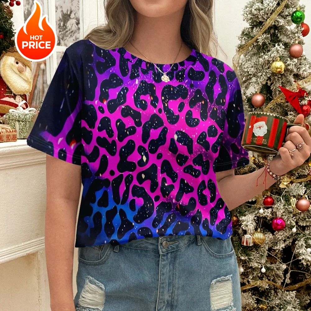 

Розовая и черная женская футболка с леопардовым узором, повседневная модная стильная летняя футболка с круглым вырезом и короткими рукавами, уличная одежда большого размера Y2K